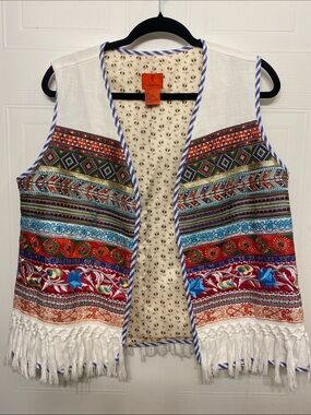 V. Christina White Multicolor Embroidered Fringe Vest Large